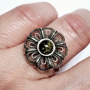 Amber Sterling Silver Flower Ring sz 6